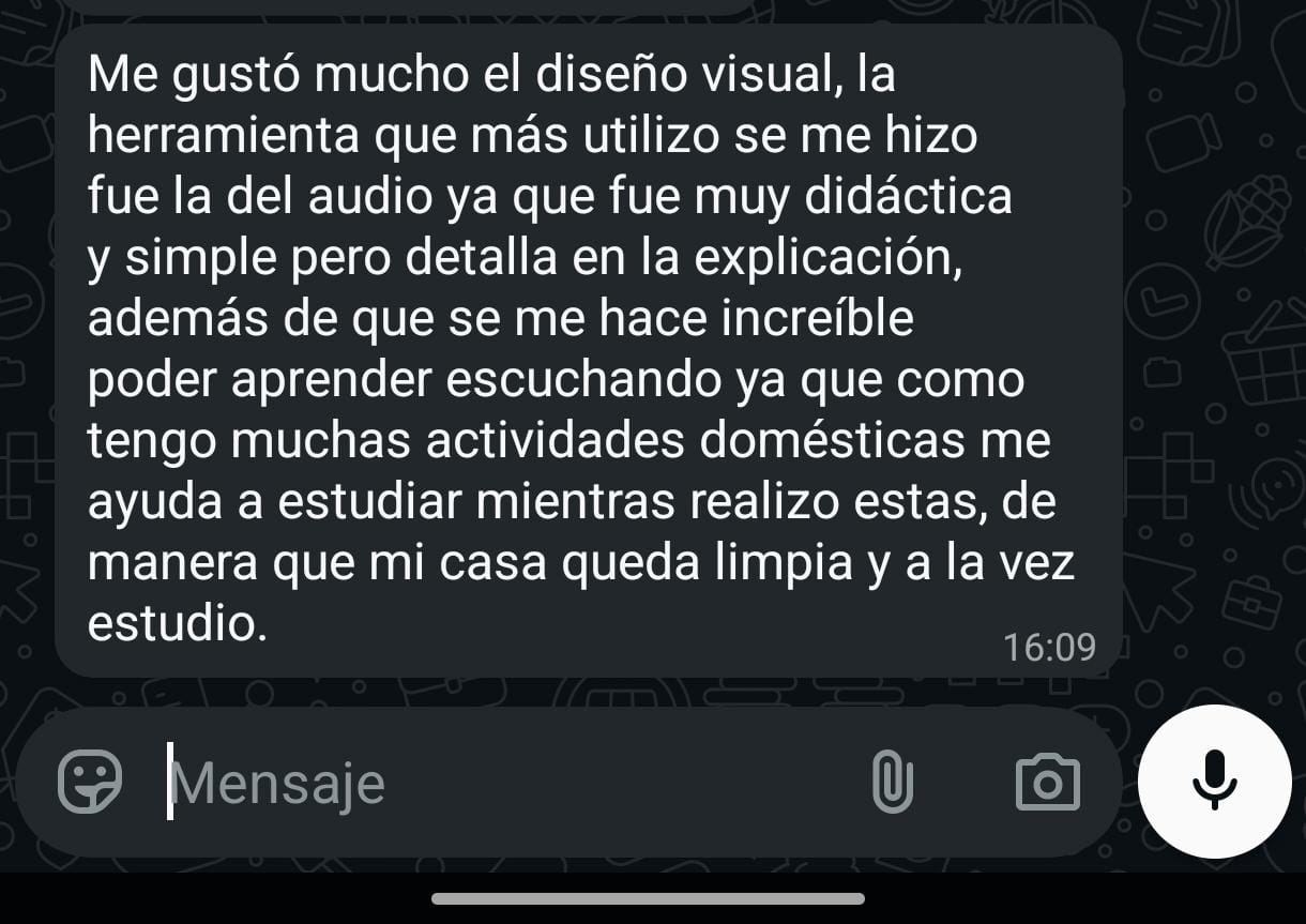 Captura de WhatsApp - Estudiante que usa el podcast para estudiar mientras hace actividades